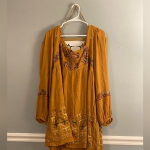 Free People Mustard Embroidered Midi Dress